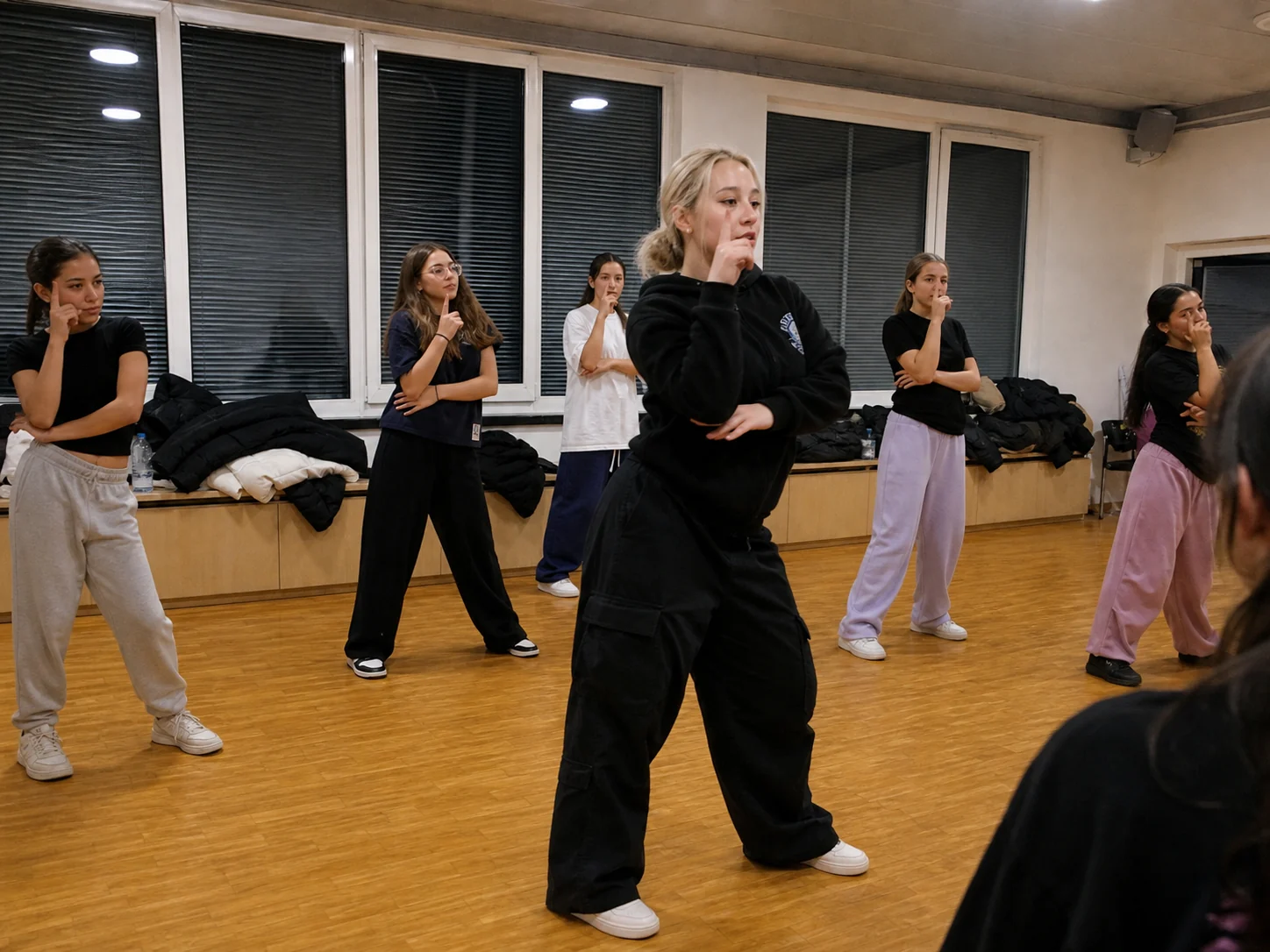 Rebecca guide un groupe pendant un cours de K-pop