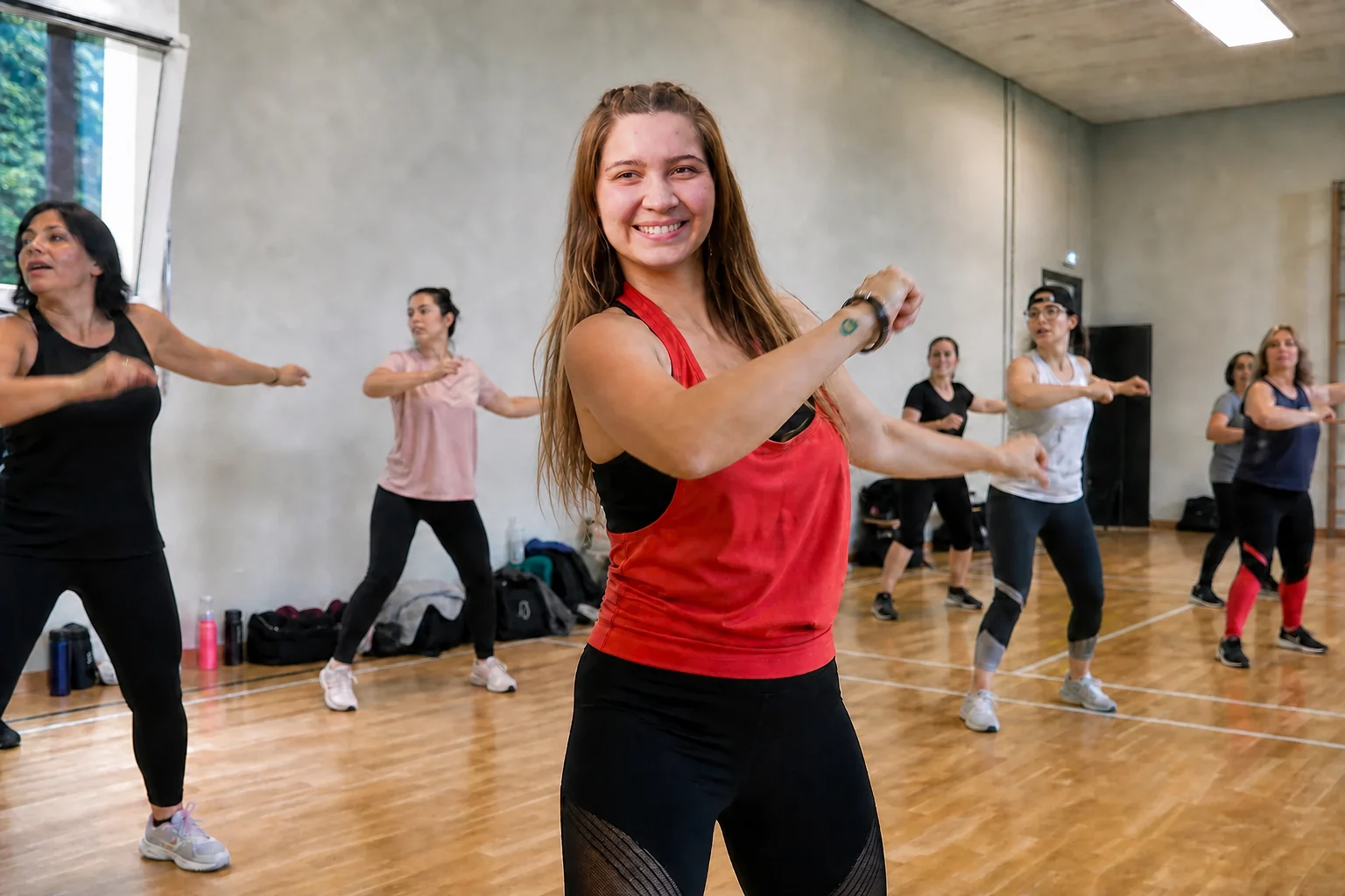 Amandine guide un cours de Zumba adultes en salle