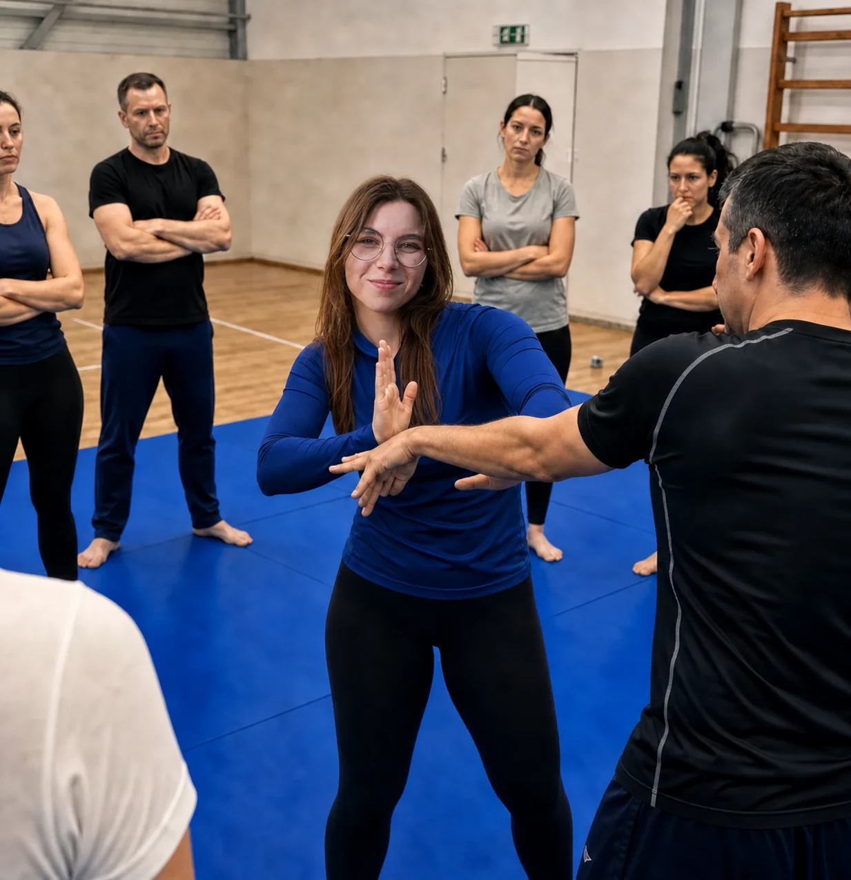 Kassandra démontre un geste de self-défense pendant un cours